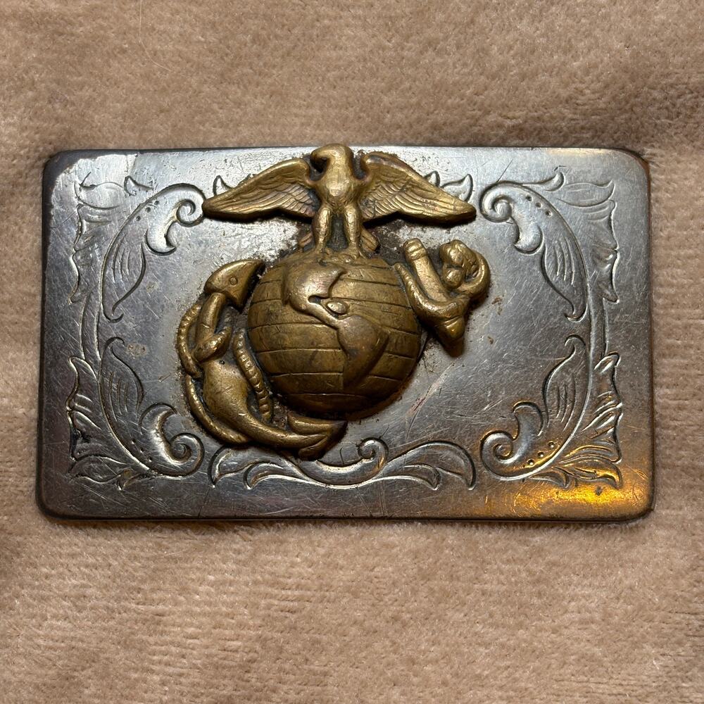Vintage USMC Marine Corps Eagle Globe Anchor Trench Art Belt Buckle Brass AS IS